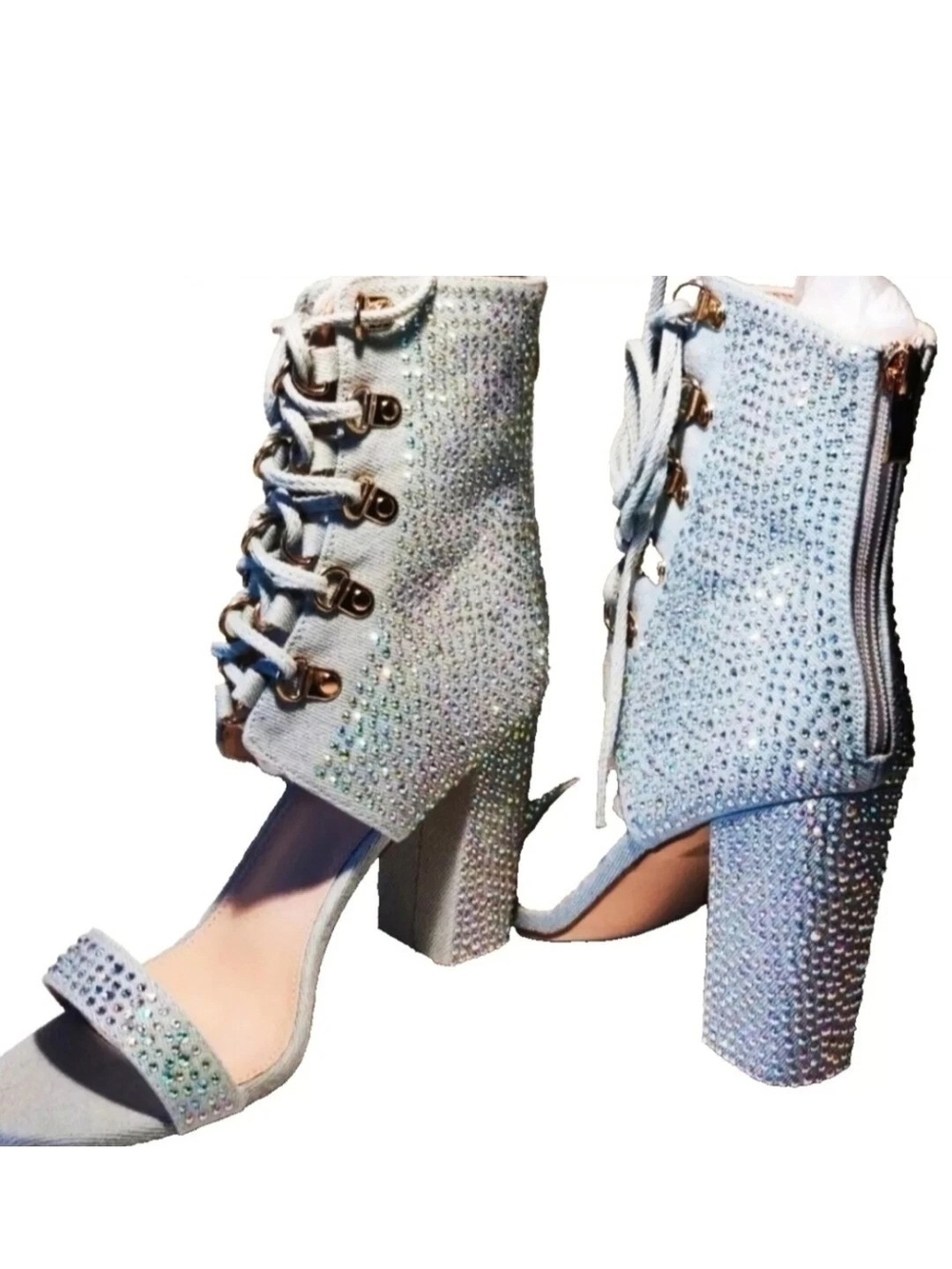 New Azalea Wang Women's 7.5 Textile Upper & Glitter Block 4" Heels Booties